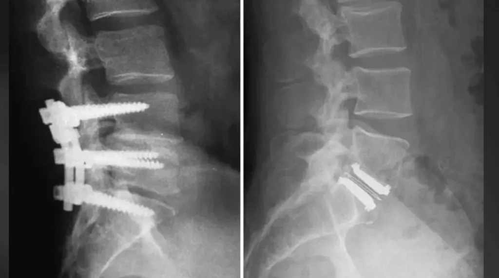 Comparativa de radiografías con artrodesis lumbar multinivel y prótesis intersomáticas