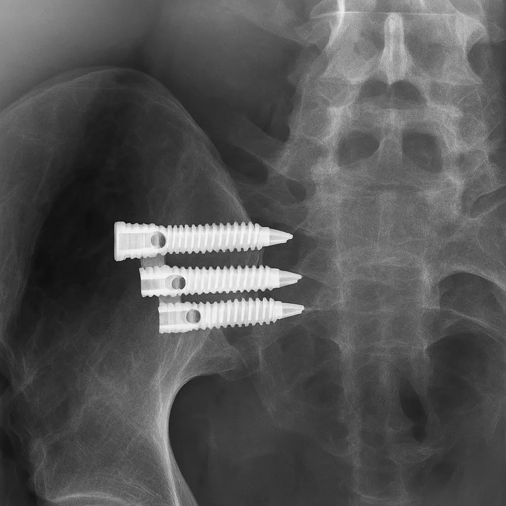 Radiografía de pelvis con implantes quirúrgicos en columna vertebral