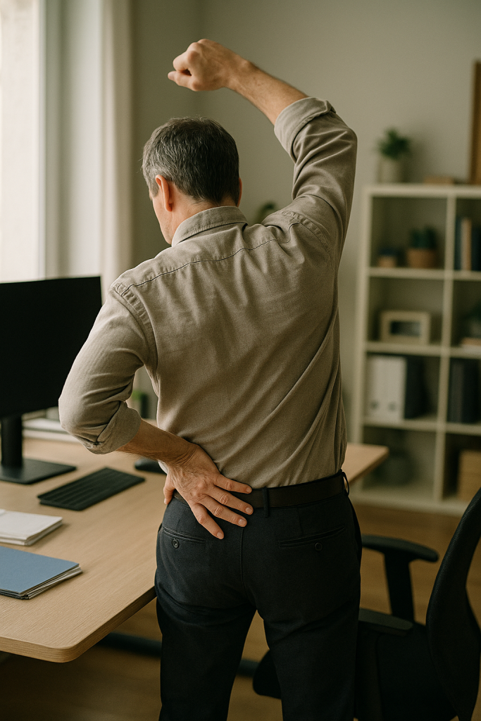Persona de espaldas en una oficina haciendo una pausa por hernia discal lumbar