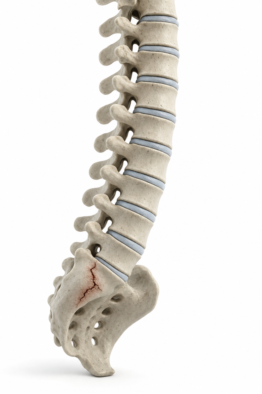 Ilustración 3D de columna lumbar y sacro con fractura por fragilidad en el sacro